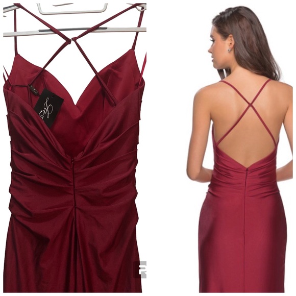 NWT La Femme Ling Crisscross Strapped High Slit Gown Burgundy Size 2 - Picture 7 of 12